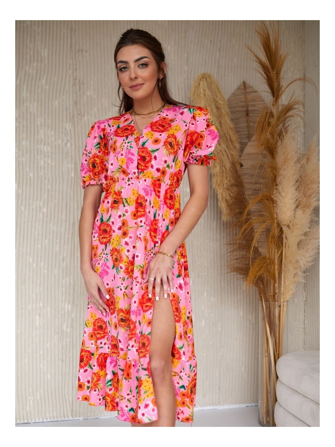 Floral dress with ruffles, pink and orange 8107 - Online store - Boutique